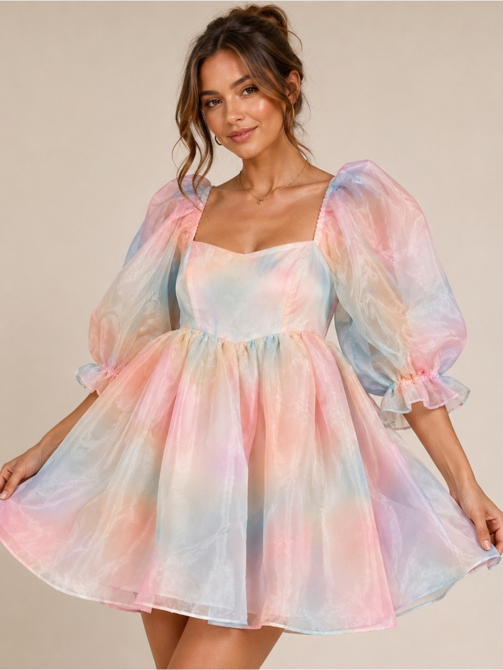 O.P.T. New Rainbow cloud mini dress Puff Sleeve Fairycore Dress | Coquette Y2K